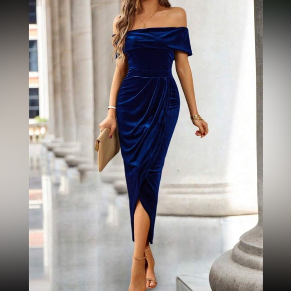 Luxe off shoulder wrap party prom wedding gown velvet dress - Picture 8 of 10